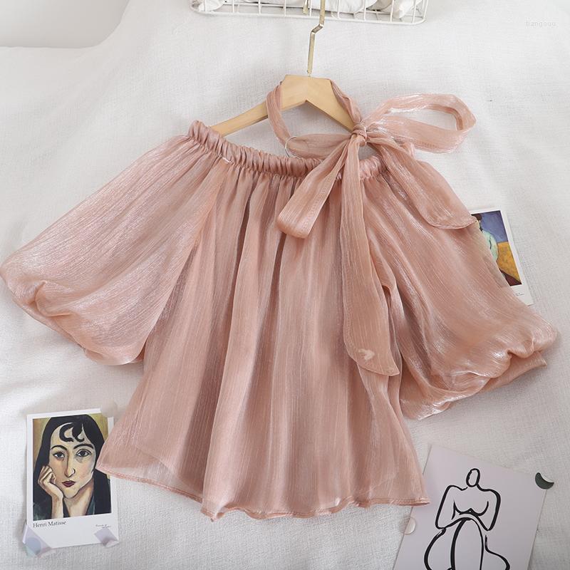 

Women's Blouses Women Summer Puff Sleeve Slash Neck Ruffles Strap Halter Bandage Basic Shirt Casual Lady Short Elastic Slim Pullover Blouse, Women blouse shirt