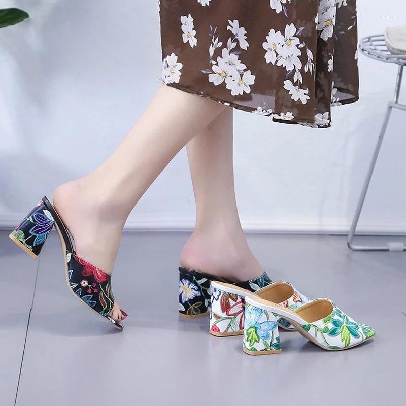 

Slippers Comemore Woman Elegant Chunky High Heels Summer Sandals Mules Slides Flowers 2023 Women's Shoes Sandalias 40, Black