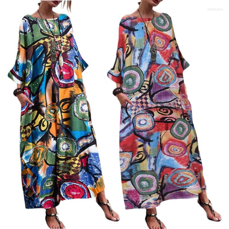 

Casual Dresses Womens Autumn Batwing Sleeves Crew Neck Maxi Long Dress Bohemian Colorful Abstra 10CD, Blue