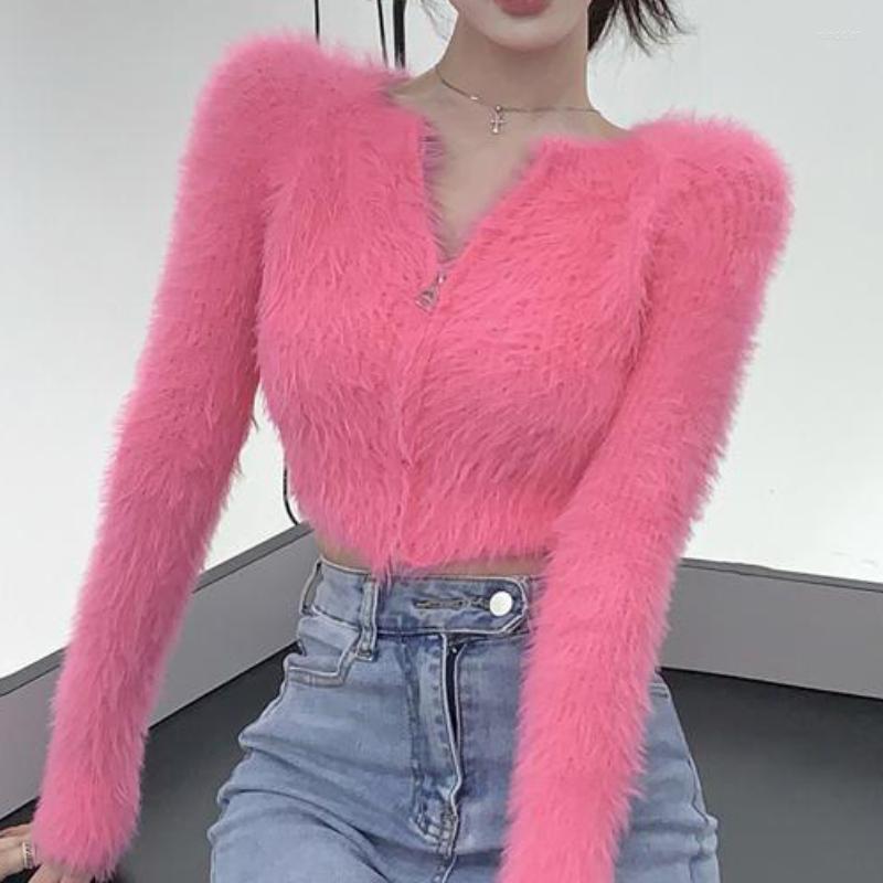 

Women's Knits 2023 OL Korean Fashion Zipper Fluffy Cardigan Woman Autumn O Neck Long Sleeve Office Sweater Women Sweet Cropped Top, Pink