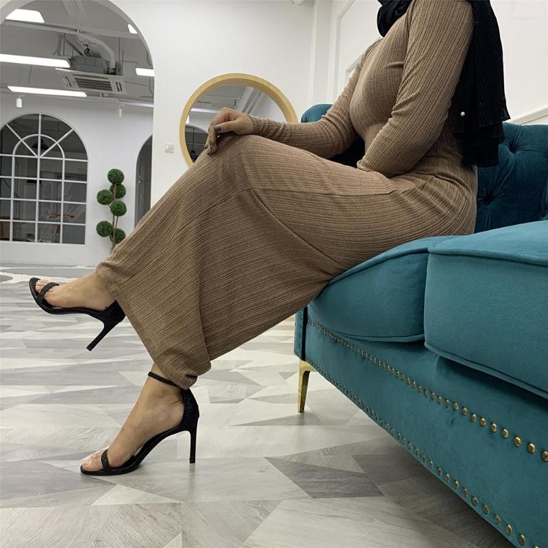 

Ethnic Clothing Bodycon Ribbed Long Dress For Women Fall Stretchy Solid Color Mockneck Sleeve Maxi Muslim Dubai Turkey Wear