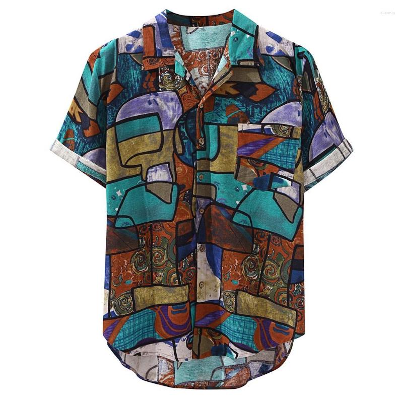 

Men's Casual Shirts Mens Hawaiian Shirt Pocket Short Sleeve Round Loose Print Linen Blouse Vintage Plus Size Streetwear Summer, Picture shown
