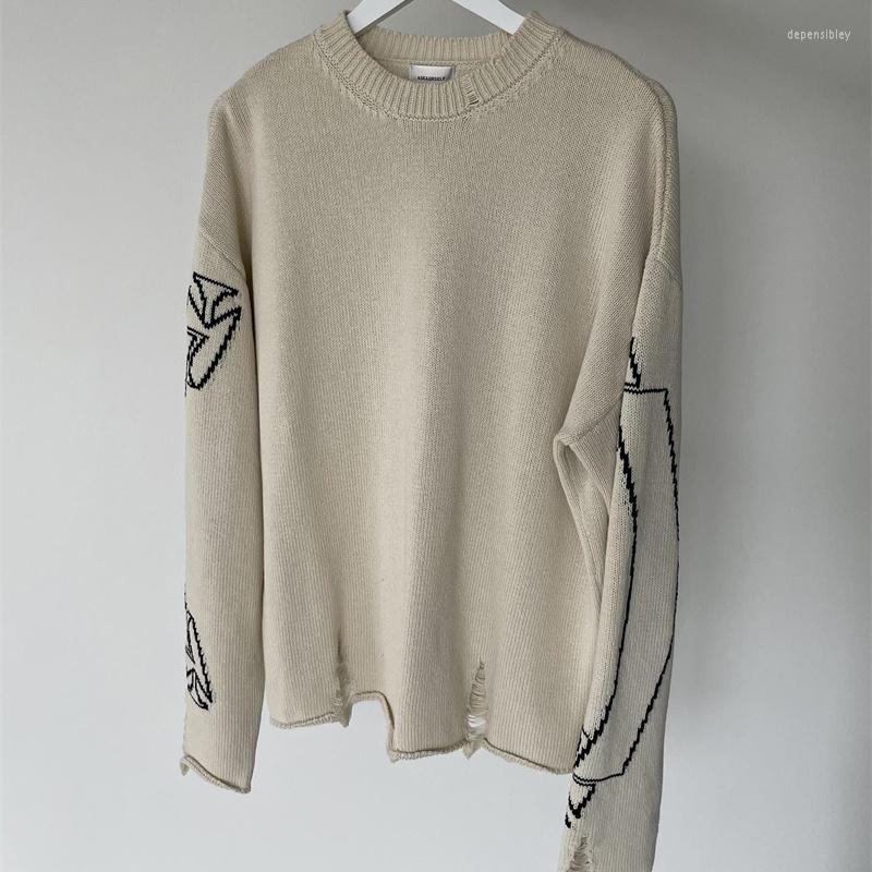 

Men' Sweaters V10 Hand Destroyed Teared Print Crew Neck Sweater Men' And Women' Black Khaki -XL