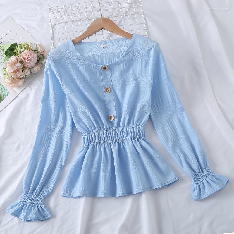 

Women's Blouses Women's Spring Autumn Style Blouse Shirt Trumpet Sleeve Solid Color Button O-Neck Elegant Sexy Tops SP912, Green