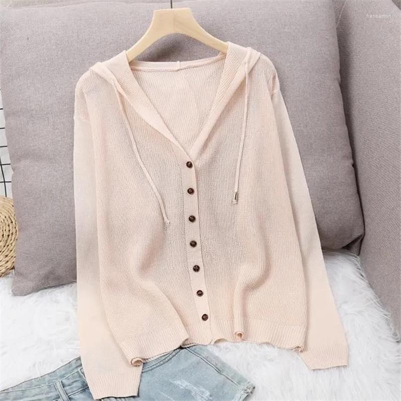 

Women's Knits Korean Hooded Knitted Cardigan Women Casual Loose Hollow Out Long Sleeve Knitwear Summer Thin Single Breasted Sun-Proof, Picture color
