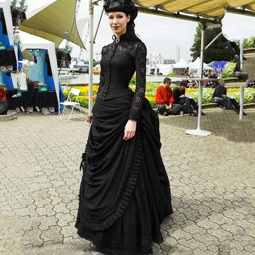 

Gothic Black Lace Victorian Bustle Evening Dresses For Women 2023 High Neck Long Sleeves Vintage Prom Party Gowns Ruched Floor Length Special Occasion Wear, White