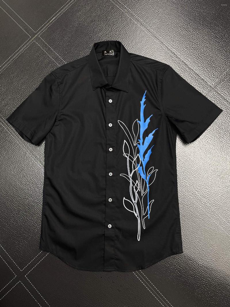 

Men's Casual Shirts Men's Cotton Dress Sketch Branches Print Short Sleeve Camisas Masculina Slim Fit Mens Business Shirt 101659, Black