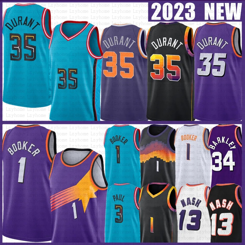 

Kevin Durant Devin Booker Chris Paul Basketball Jerseys Deandre Ayton Steve Nash Charles Barkley 2022 2023 City Blue Shirt Purple Jersey 1 3 35 34 13