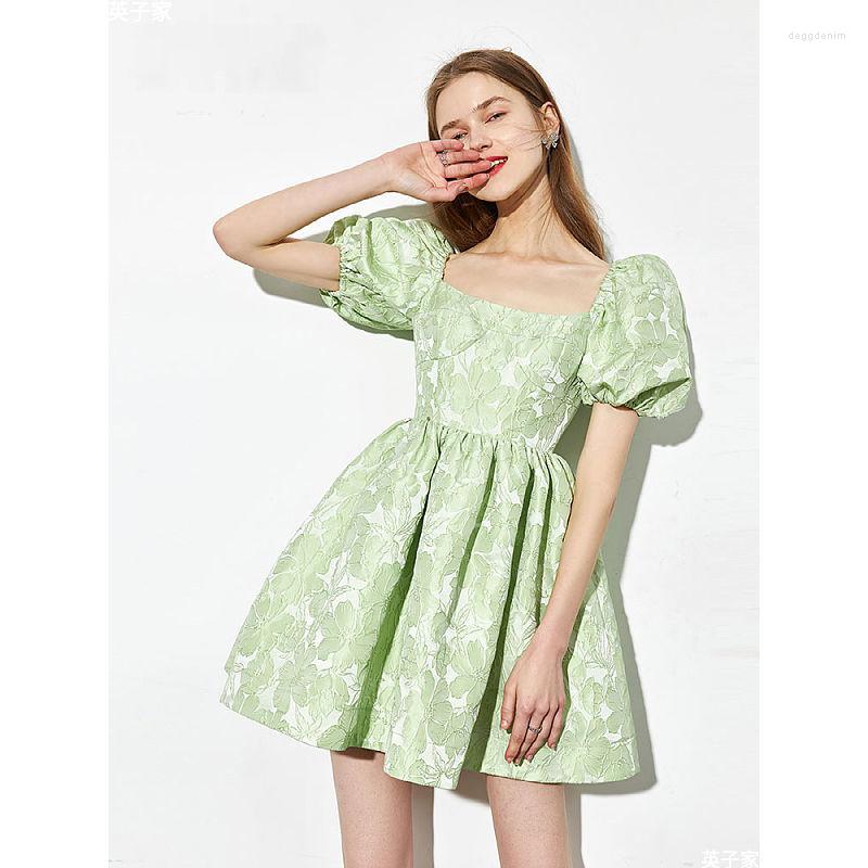 

Party Dresses 2023 Summer French Women Dress Vintage Jacquard Solid Green Puff Sleeve Square Neck Mini Elegant Female Vestidos, Yellow