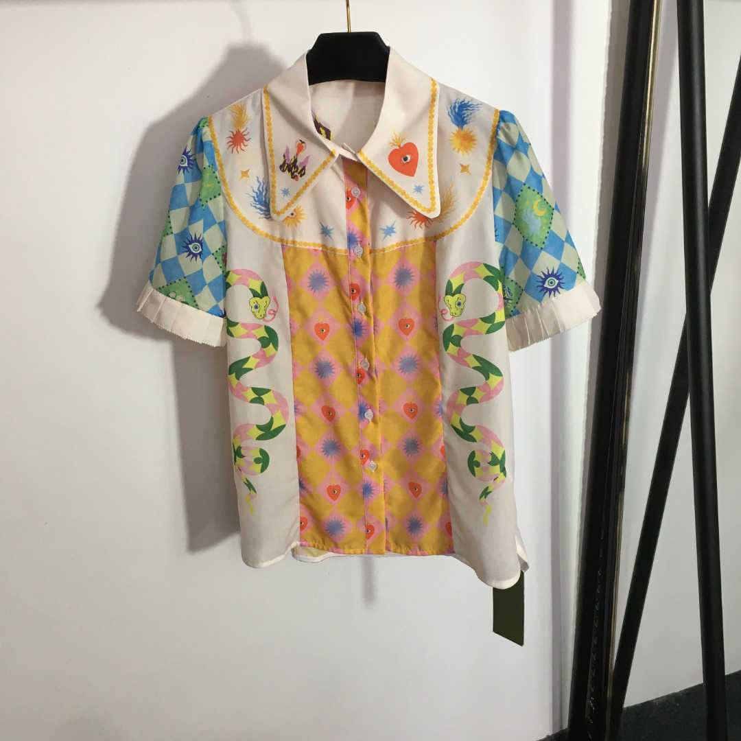 

23ss shirt designer women Long sleeved Shirt high neck blouse Cartoon Snake Color Printed Lapel Short Sleeve Shirt High quality women Clothes