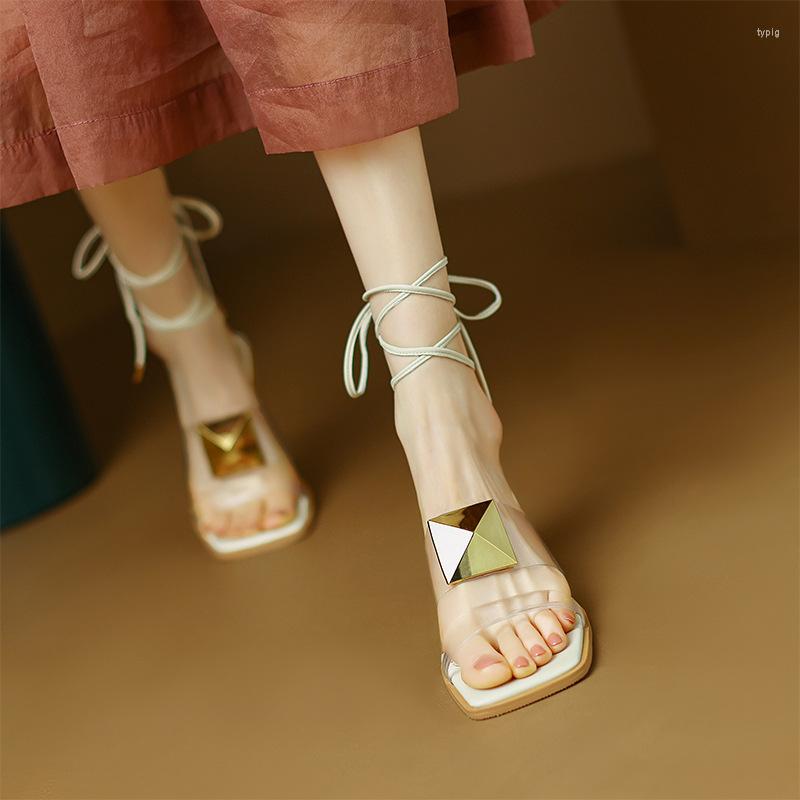 

Sandals Roman Thick Heel Female Summer Fairy Style High Mid-heel Metal Buckle Transparent Heels Women, Beige