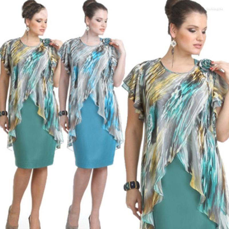 

Casual Dresses Plus Size Women' Dress Summer Clothing Knee-Length Fake Two-Piece Large Chiffon Ruffles Fashion, Navy