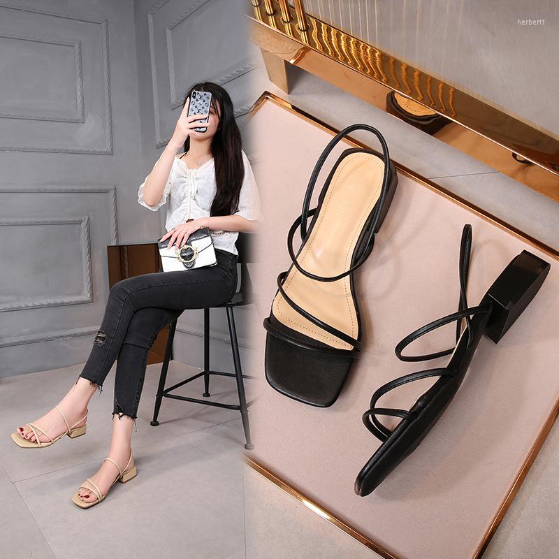 

Sandals Summer Women 34-43 Big Size Square Toe Narrow Band Flip Flops Chunky Low Heels Gladiator Sandalias Open Brief Sandal, Black