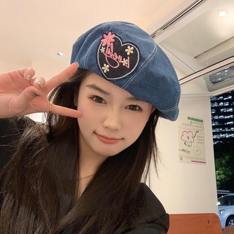 

Berets 2023 Sweet Denim Beret Hats For Women Spring And Summer Thin Japanese Cute Sticker Painter Cap Korean Version Fashion, Dark blue