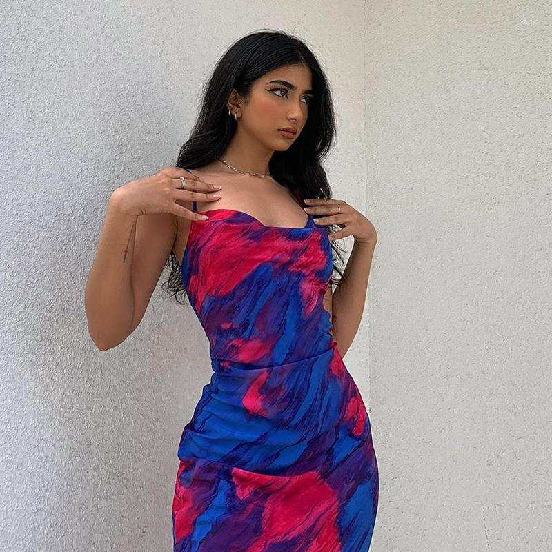 

Casual Dresses 2023 Fashion Print Sleeveless Spaghetti Strap Midi Dress Party Night Club Gown Backless Sundress Elegant Beachwear, Blue