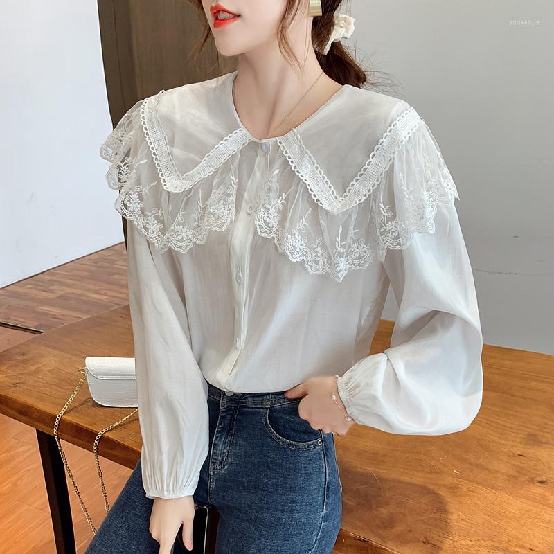 

Women' Blouses Women' Shirt 2023 Korean Fashion Design Autumn All-match Sweet Lapel Stitching Lace Top Long Sleeve Blouse, White