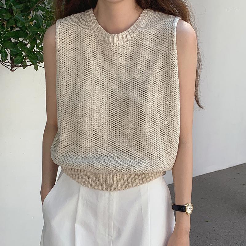 

Women's Blouses Fashion O-neck Slim Tops Casual Elegant Loose Blouse Summer Sleeveless Knitted Tank Top All-match Korean Solid Color Shirt, Black