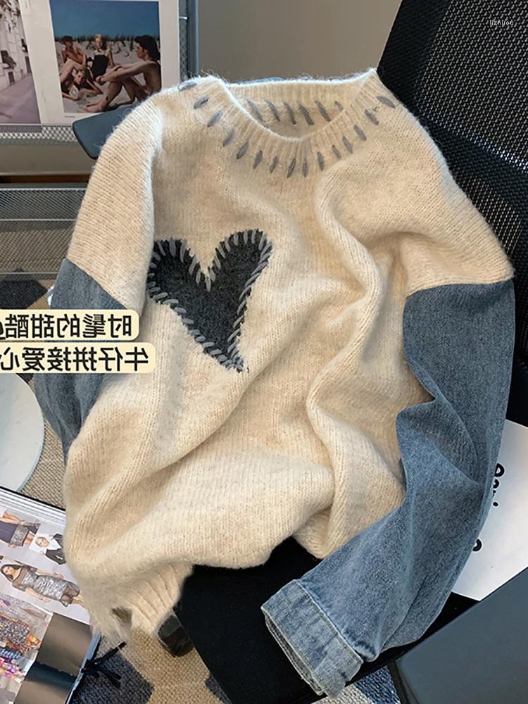 

Women' Sweaters 2023 Autumn Winter Design Women Long Sleeve Denim Stitching Knit Pullover Japanese Sweet Jumpers, Black