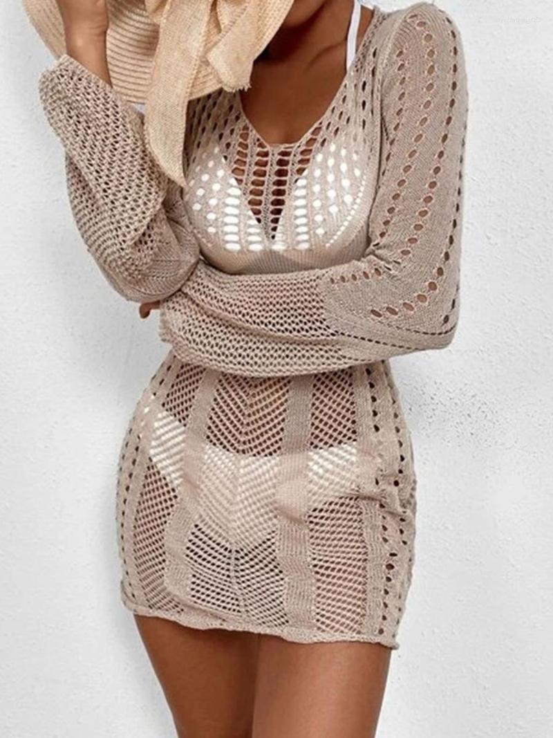 

Women's Swimwear 2023 Bikinis Women Knit Beach Dress Cutout See-through Cover-Ups Long Sleeve V Neck Wrapped Short Dresses Beachwear, Black