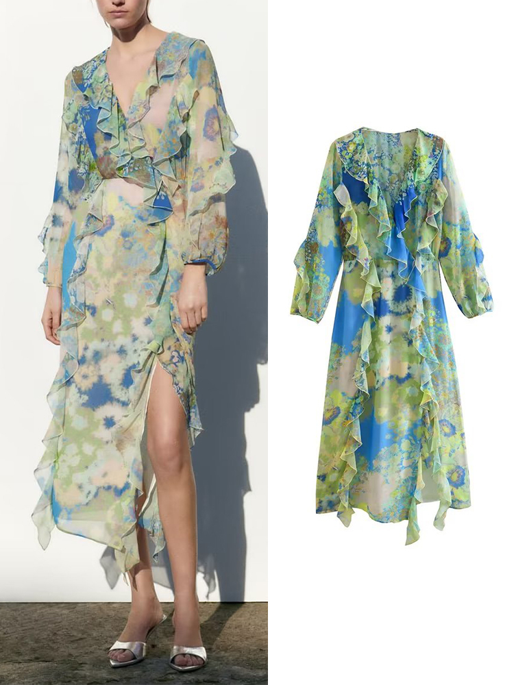 

Casual Dresses Spring Women Laminated Decorative Print Dress V Neck Long Sleeve Female Summer Fashion Elegant Midi Dresses 230413, Multi