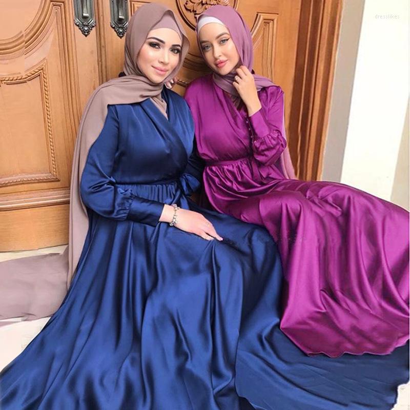 

Ethnic Clothing Ramadan Satin Long Dress Abaya Fashion Women Criss Cross Neckline Belted Muslim Hijab Robe Night Party Gown Dubai Turkey
