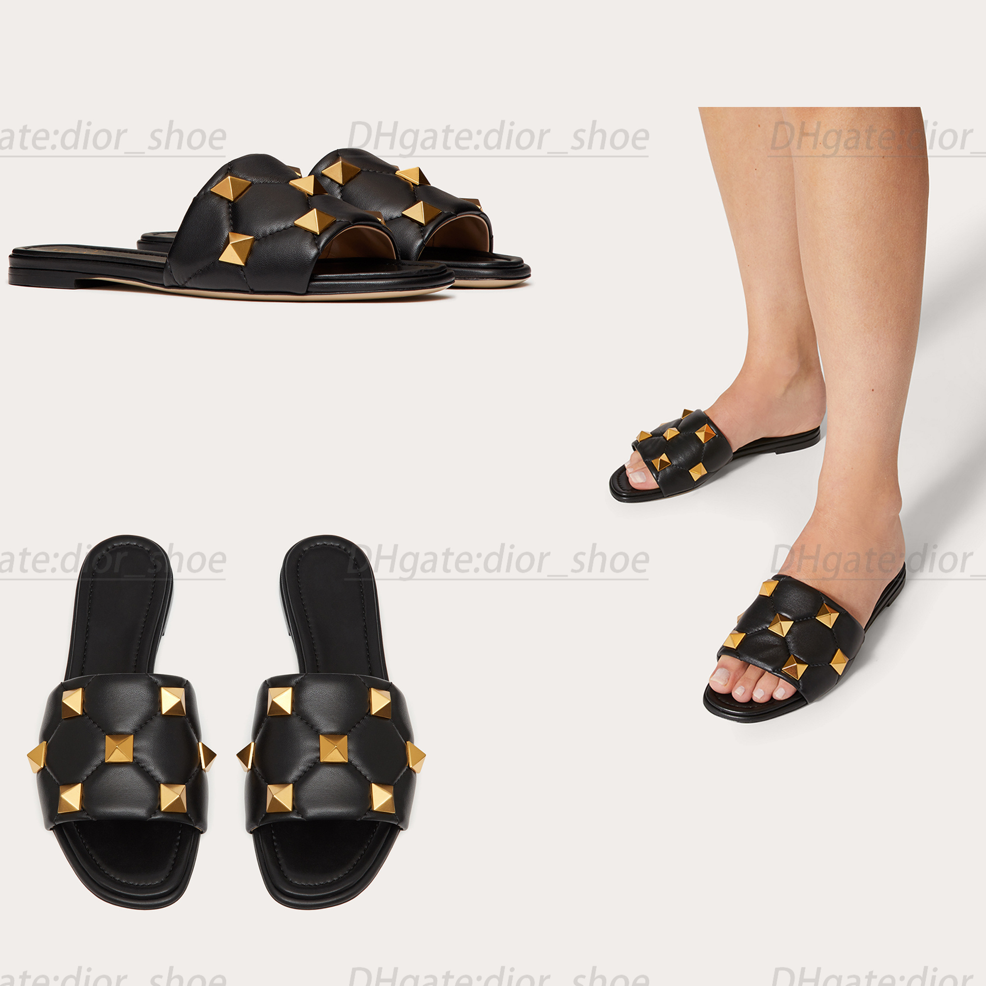 

man woman luxury sandal designer summer beach Outdoor sexy slipper ROMAN STUD quilted nappa leather slides rivet confort flat shoes, #2