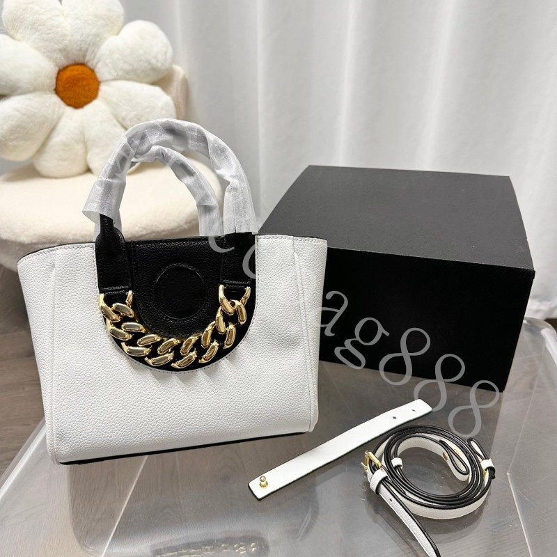 

7A Quality Totes For Lady Genuine Leather Chain Decoration 25cm Size HandBags 2 Straps And Big Capacity White And Black Color Person Head Logo Print With Original Box