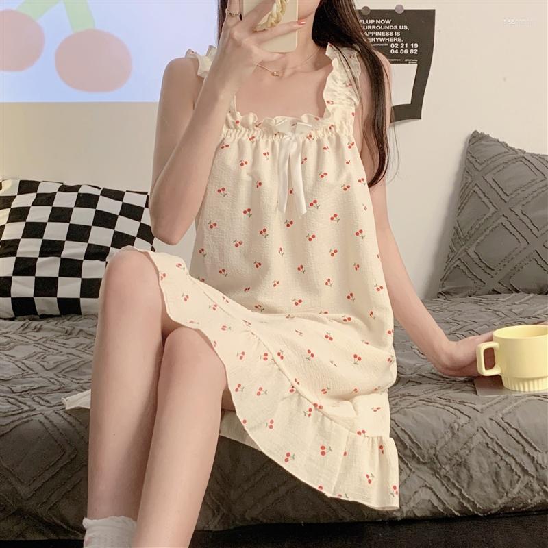 

Women's Sleepwear Cherry Soft Wear Out Home Short Sleeve NightDress Women Suspenders Summer Sweet Princess Kawaii Cquare Collar, Beige