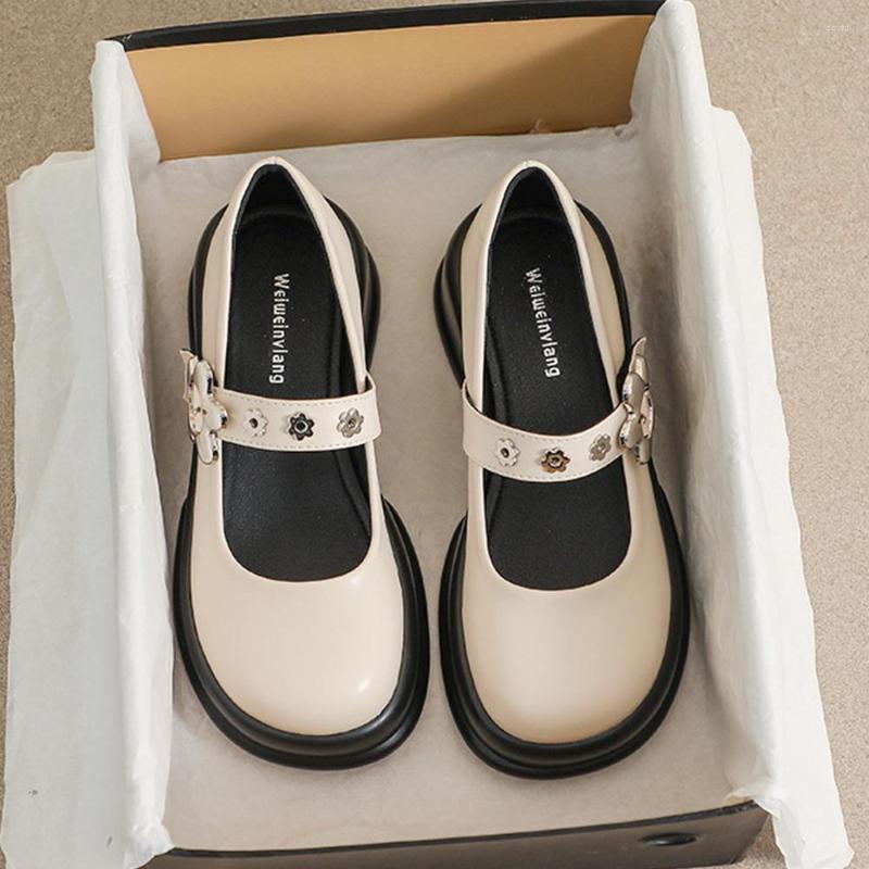 

Dress Shoes Genuine Leather Women Girl Lolita JK Uniform Pump Cute Mary Jane Platform Pumps Low Heel 5cm Metal Buckle A26-40, Beige