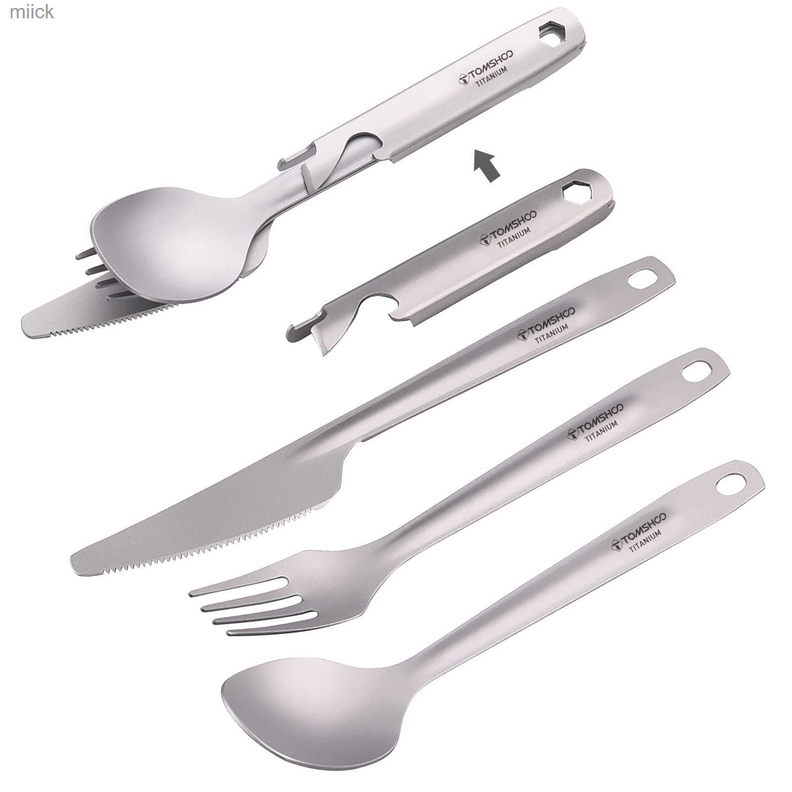 

TOMSHOO 4-in-1 Titanium Flatware Cutlery Set Lightweight Dinner Spoon Fork Cutter w Storage Holder Bottle Opener for Camping 3M413