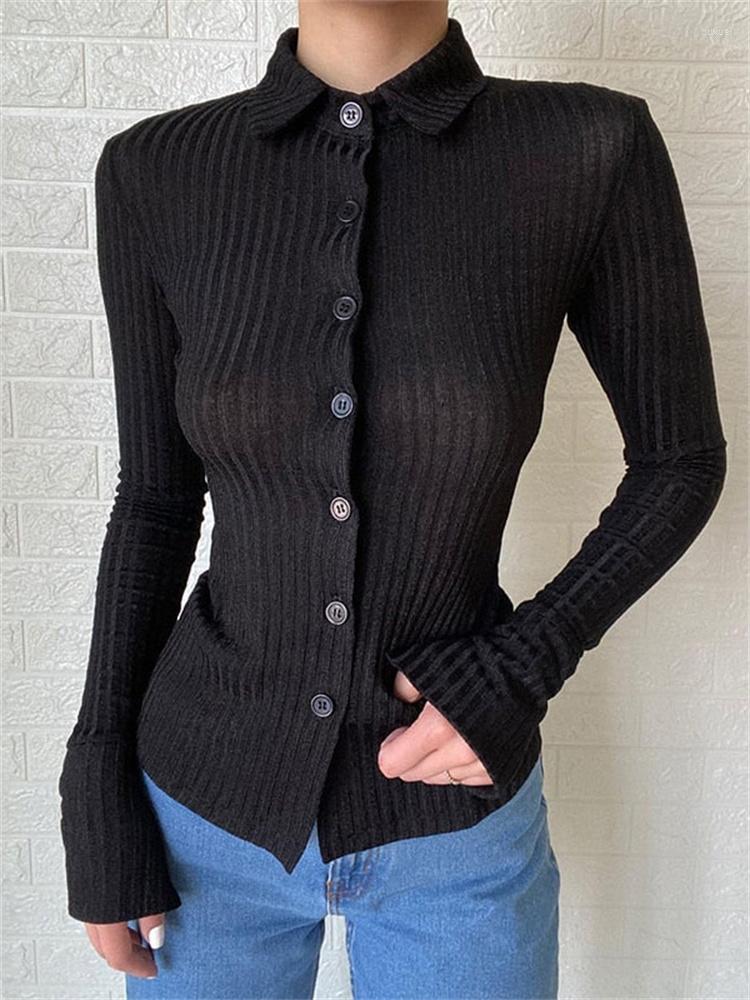 

Women' Blouses Women Shirts Spring Autumn Slim Fit Ribbed Black Long Sleeve Buttons Down Office Lady Chic Tops Streetwear 2023 Clothes