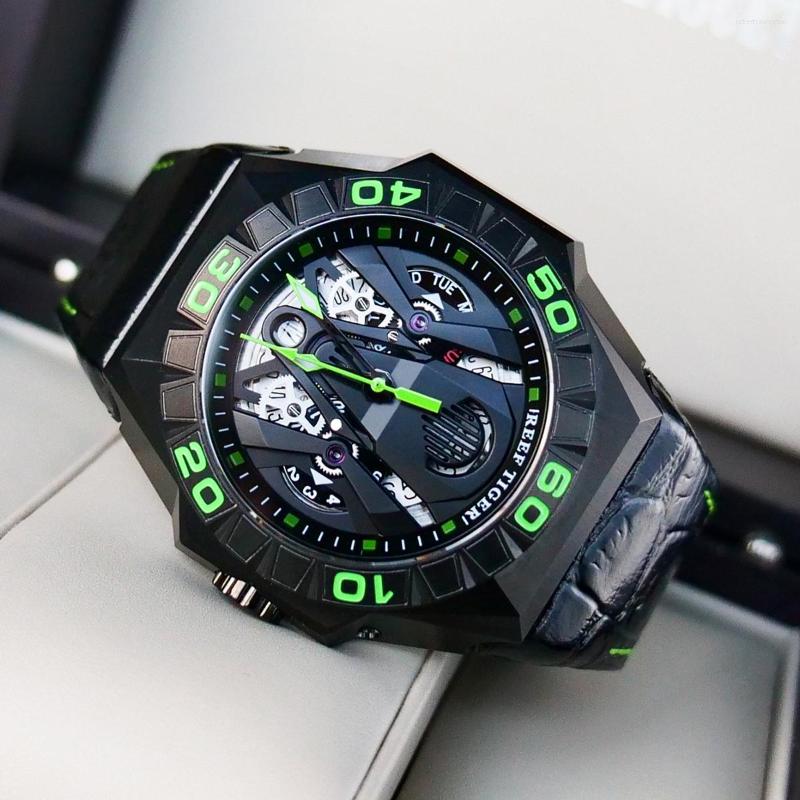 

Wristwatches Reef Tiger/RT Black Skeleton Steel Automatic Mechanical Dive Watch For Men Waterproof Lether Relogio Masculino RGA6912, Rga6912-bbll
