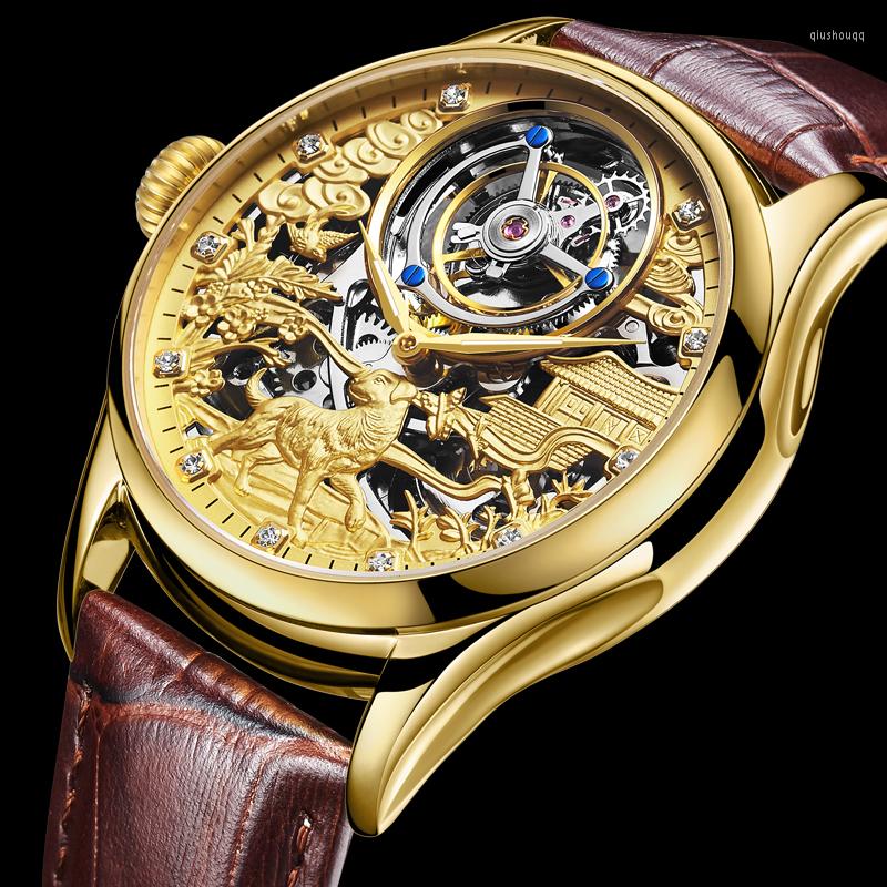 

Wristwatches AESOP Men's Zodiac Dog Tourbillon Skeleton Mechanical Watch Sapphire Luxury Waterproof Business Sports Leather Clocks, Gold