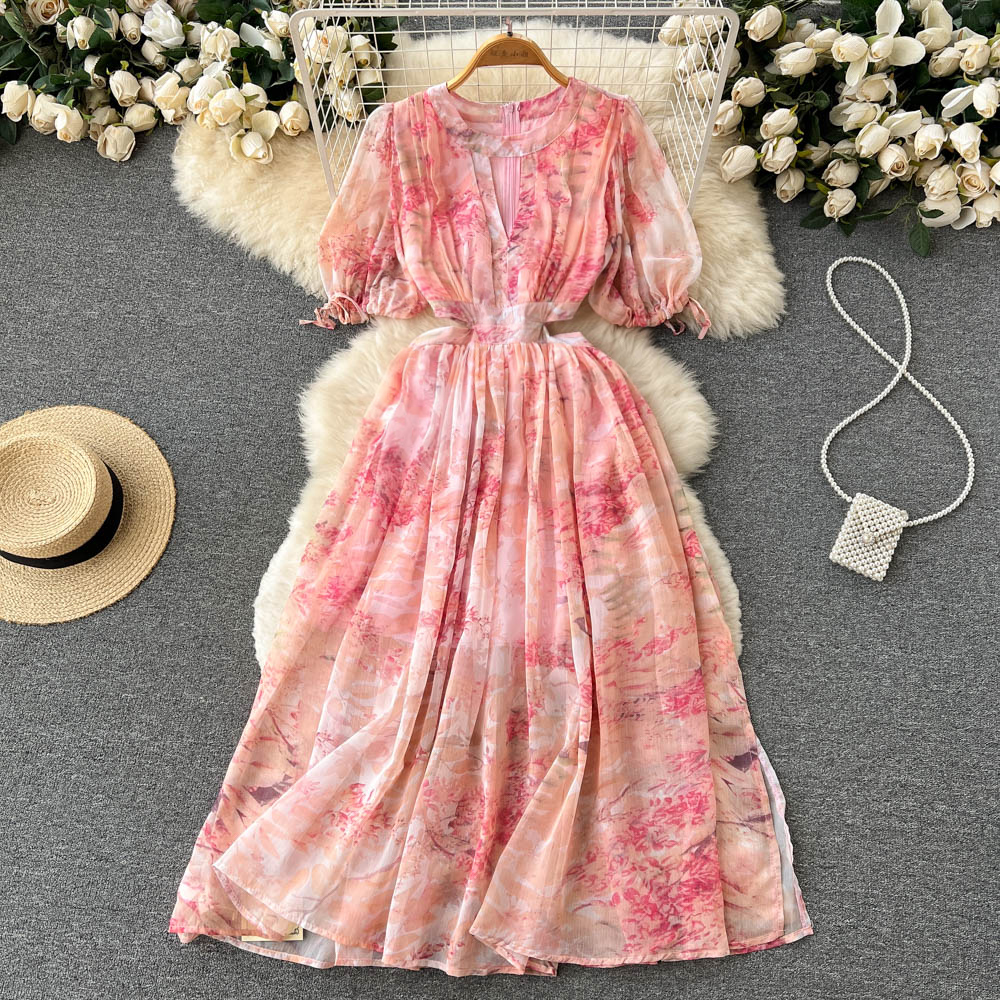 

French Sweet Bubble Sleeves Dress Summer Women's Design Feeling Small Hollow Out Waist Slim Fragmented Flower Long Dress, Pink