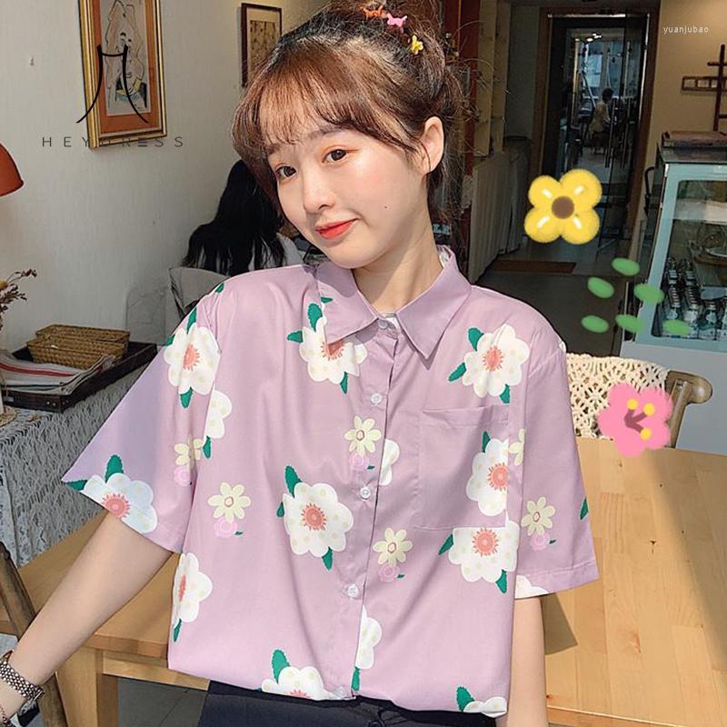

Women's Blouses Heydres Summer Turn Down Collar Short Sleeve Shirts Floral Print Sweet Blouse Pocket Female Japanese Harajuku Purple