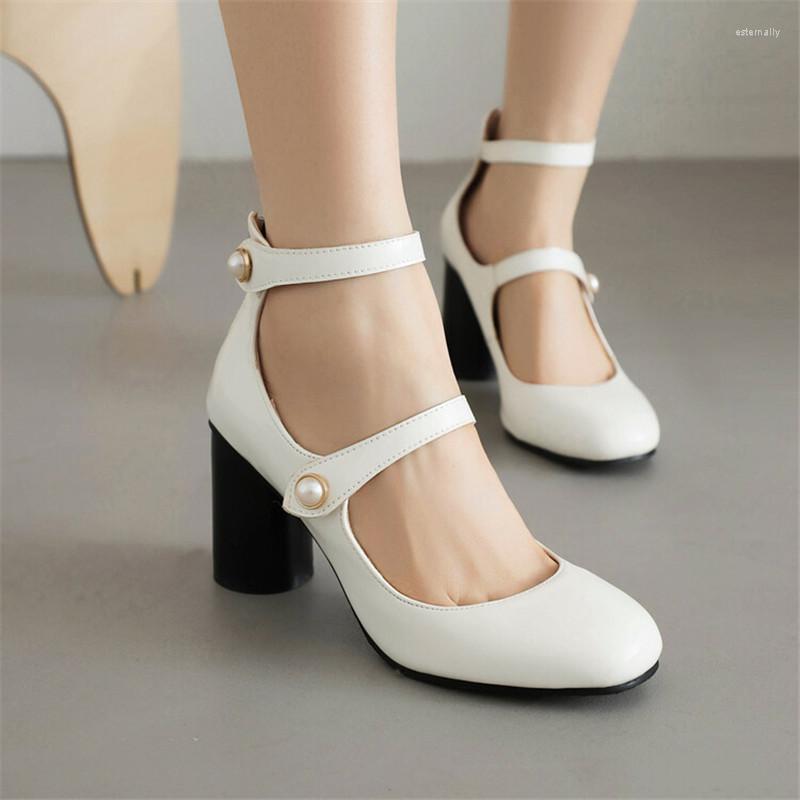 

Dress Shoes PXELENA Korean Round High Heels For Women 2023 Spring Autumn Patent Leather Pearls Toe Party Date Office Pumps Lady, Wine red