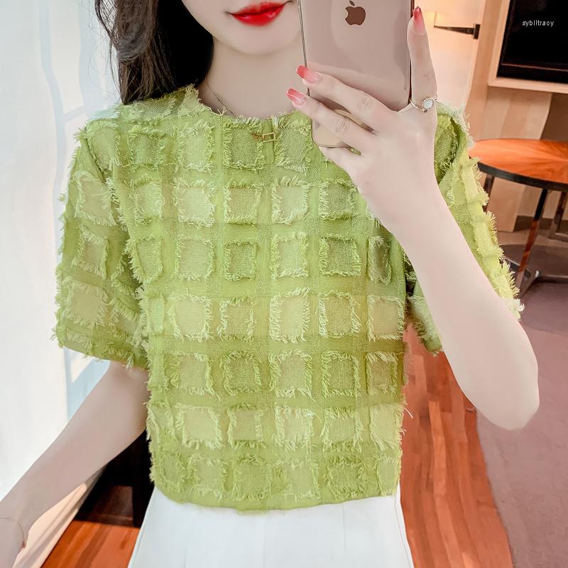 

Women' Blouses Vintage Green Blouse Short Sleeve Summer Casual Elegant Lady Tops Korean Fashion Tassel Shirts Women 2023 Blusas 25297, Picture color