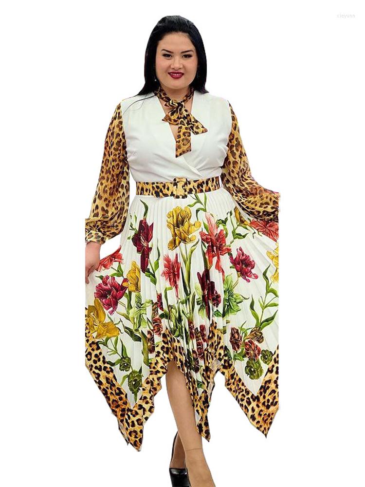 

Ethnic Clothing Long African Dress Women High Waist Lantern Sleeve Robes Africa Fashion Print Leopard Splice Office Lady