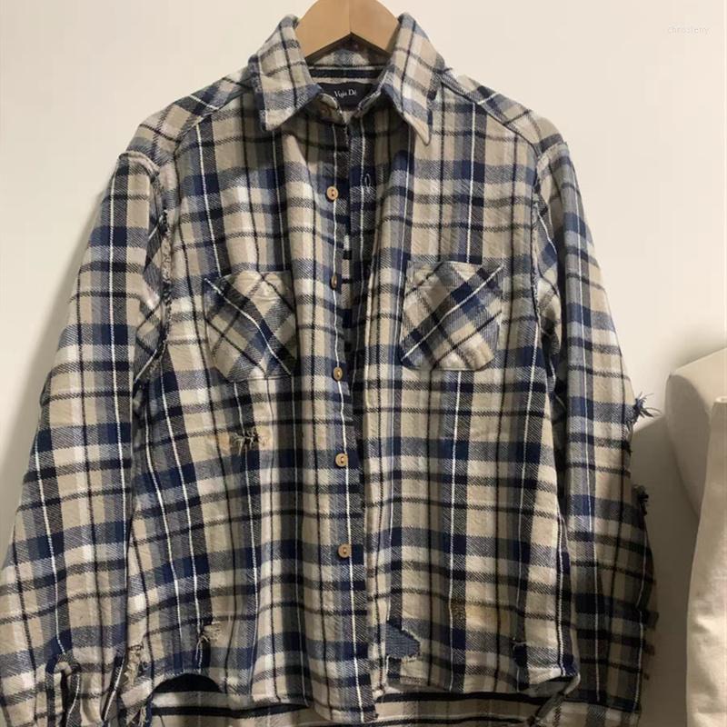 

Men's Casual Shirts Fashion Kenijima 1:1 Destroy Plaid Women Shirt Flannel VUJADE Pocket Blouse Men Clothing, Beige