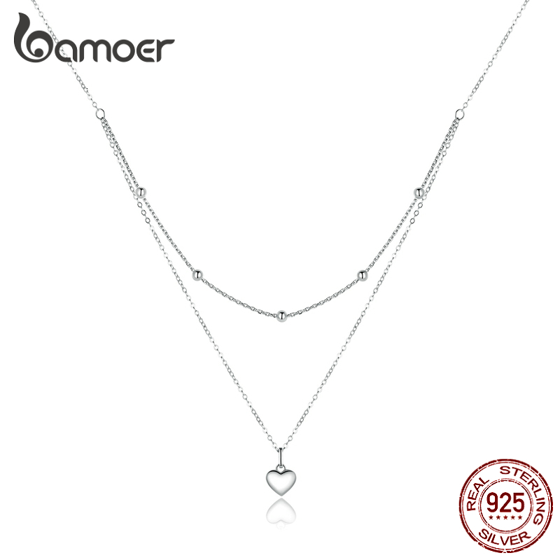 Strands Strings Genuine 925 Sterling Silver Heart Pendant Necklace for Women Silver Double Layer Necklace Female Fine Jewelry BSN168 230412