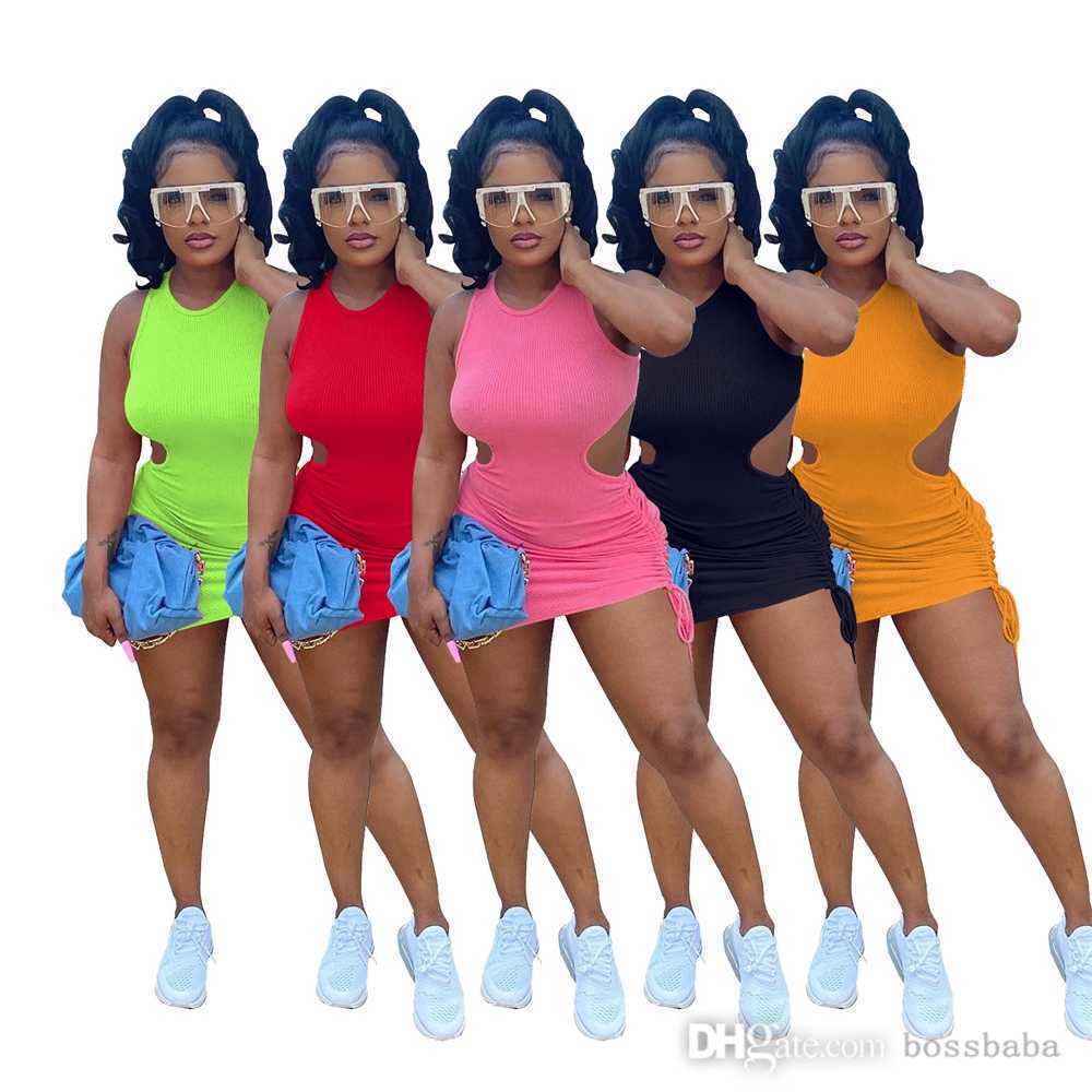 

Women Dresses Designer 2023 New Summer Pit Strip Sleeveless Open Back Pleated Dress Solid Color Round Neck Skirt, Red8