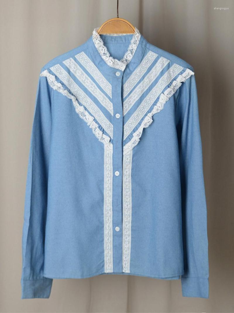 

Women' Blouses Lace Patch Work 2023 Spring Round Neck Button Long Sleeve Vintage Female Blouse Elegant Casual Chic Classic Women Shirts, Blue