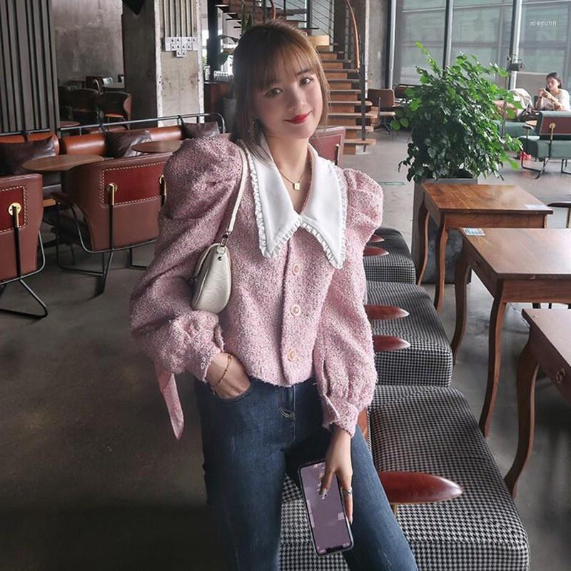 

Women's Jackets Womens Vintage Pink Turn-Down Collar Wide-Waisted Short Tweed Jacket Single Breasted Puff Sleeve Office Lady Fashion Coat, Picture shown