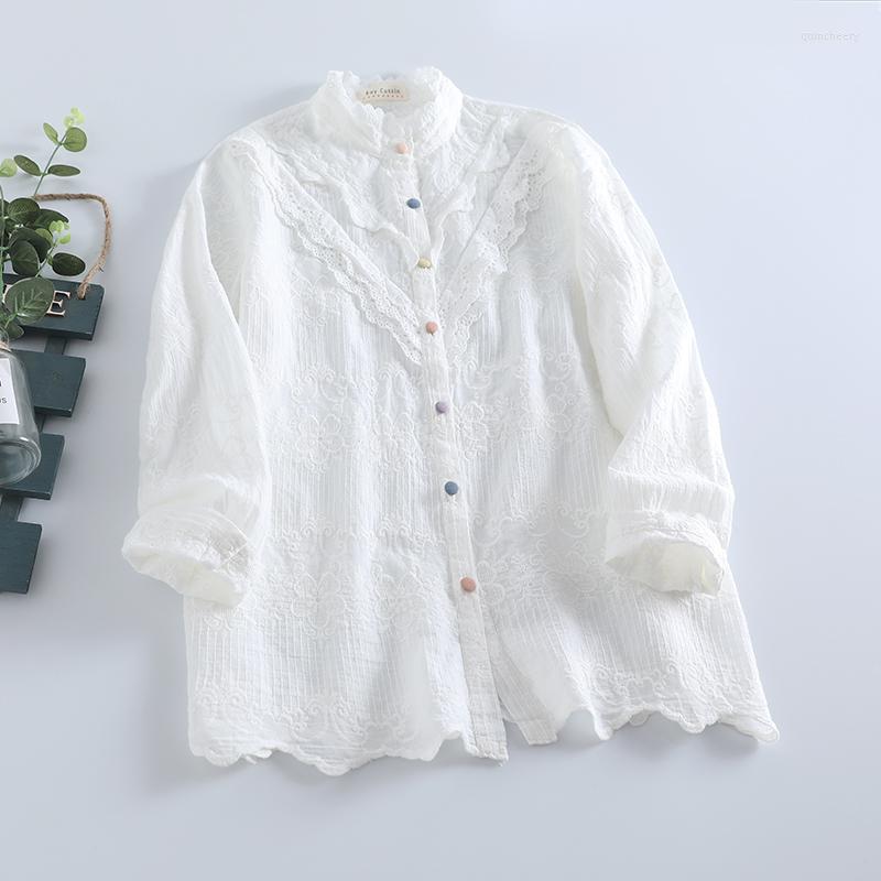 

Women's Blouses Spring Sweet Solid Color Embroidered Shirt Women Long Sleeve Single Breasted Top Lu0320-2, White