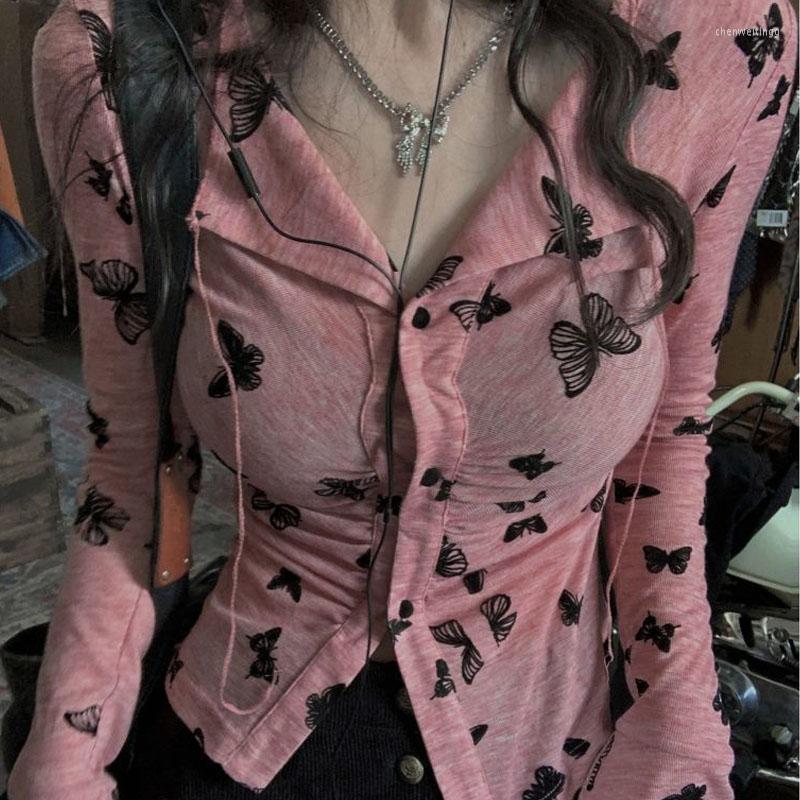 

Women' Blouses Deeptown Vintage Y2k Sexy Women Tunics Slim Pink Crop Top Long Sleeve Aesthetic Sweet Female Grunge Retro Clothes