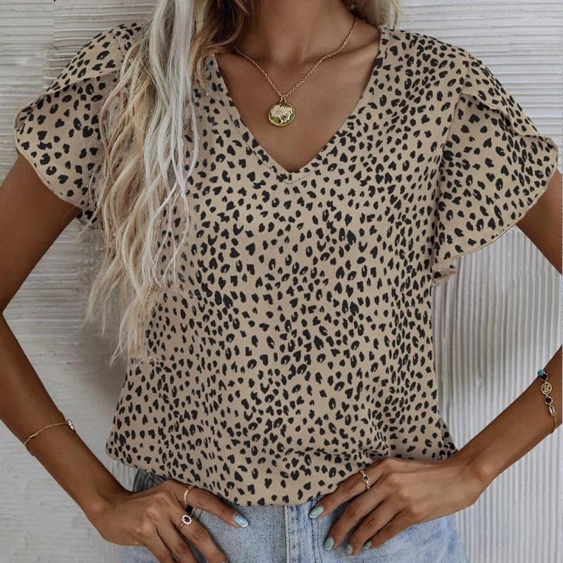 

Women' Blouses M Short Sleeve Leopard Shirt Women' 2023 Summer Temperament Commuter V Neck Top, Apricot
