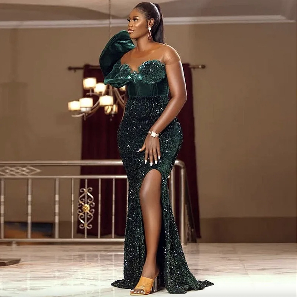 

Arabic Aso Ebi Dark Green Prom Dresses Sequined Style Plus Size Lace Up Back Evening Gowns Side Split Mermaid African Party Dress