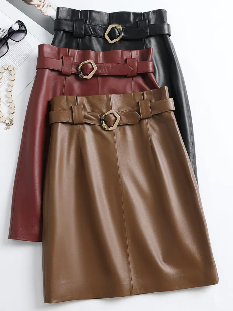 

Skirts High Quality Leather Skirt For Women Kawaii Square Buckle Belt Versatile Sheepskin Jupe Femme OL Burgundy White Midi Wrap Saias 230413, Khaki
