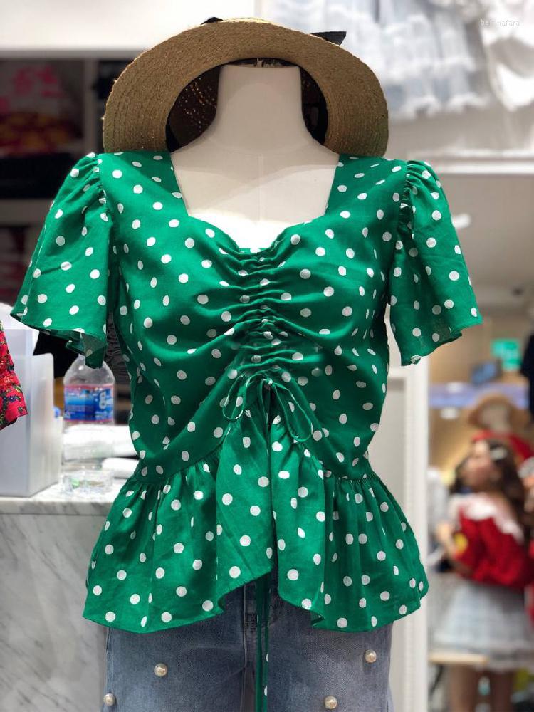 

Women' Blouses Polka Dot Women Korean Fashion Chic Vintage Green V Neck Short Sleeve Female Shirt Drawstring Ruffles Blusas, Dark green