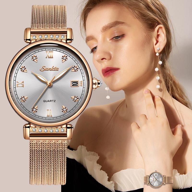 

Wristwatches SUNKTA Watch Women's Rose Gold Ladies Simple Diamond Clock Casual Fashion Waterproof Watches Relogio Feminino, Blue